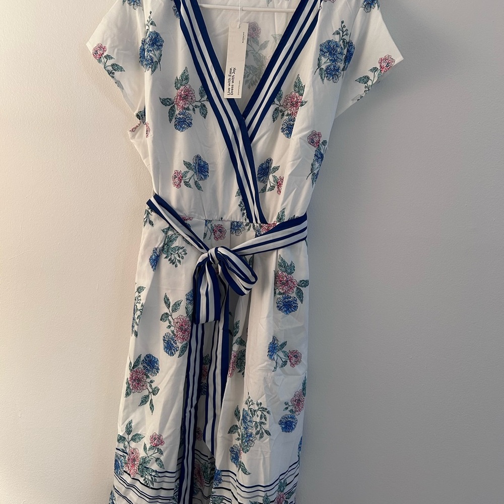 Floral V-Neck Dress with Blue Accents
